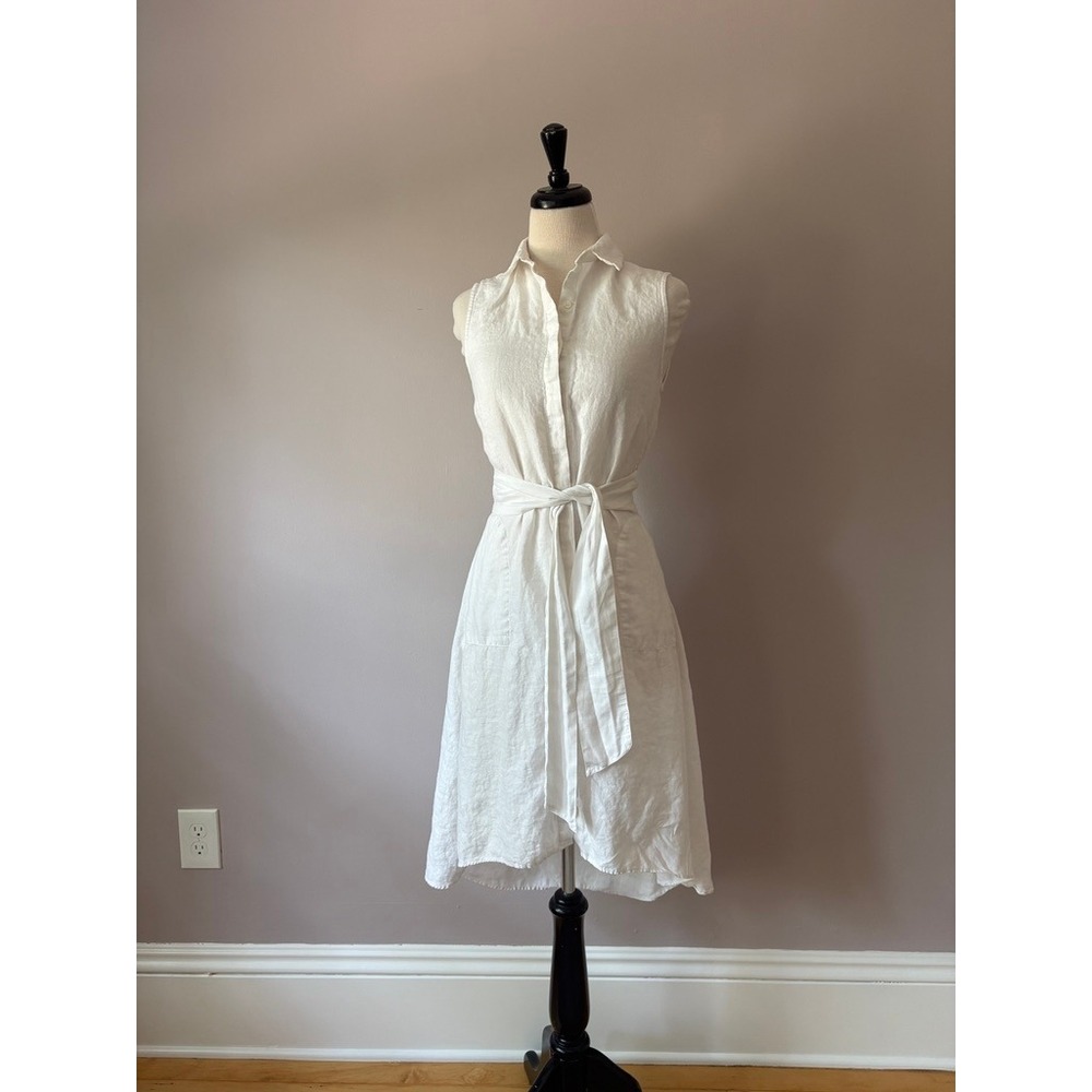 Saks Fifth Avenue 100% Linen Sleeveless Belted Shirt Dress Women's XS White Tie